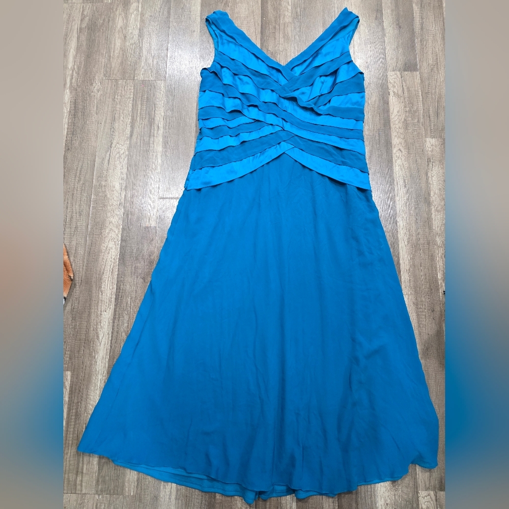TADASHI SHOJI DESIGNER SILK GOWN red Carpet Teal Layered Wedding Plus Maxi - Picture 2 of 12